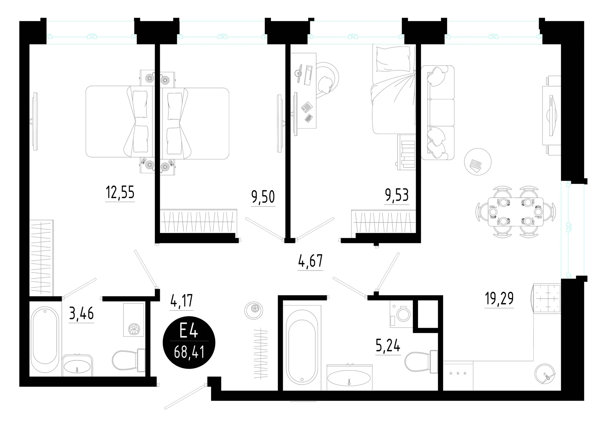Планировка Квартира с тремя спальнями и гостиной 19 м² (Евро-4)