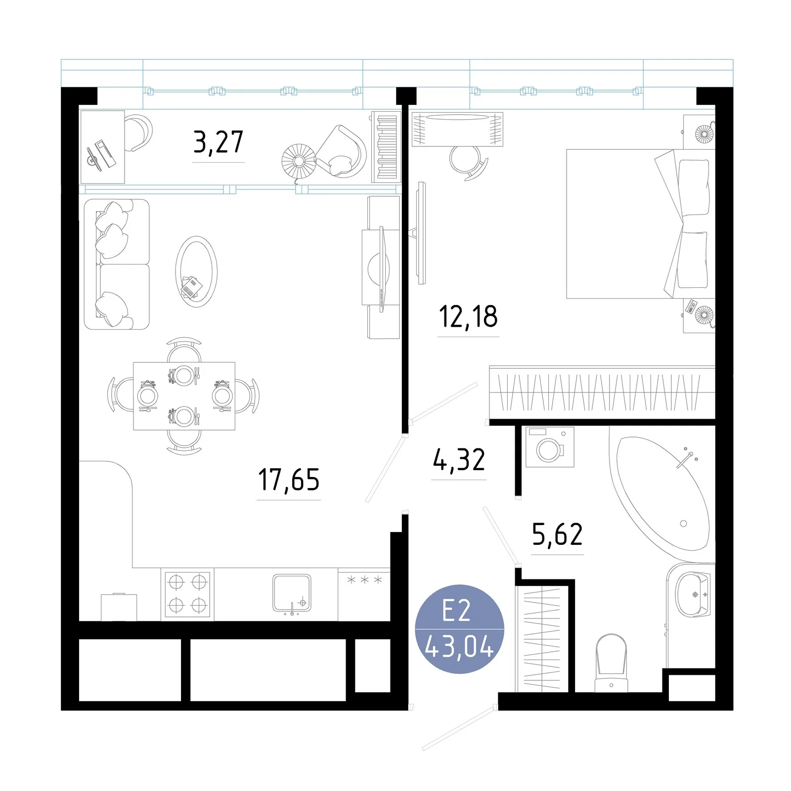 Планировка Квартира с одной спальней и гостиной 21 м² (Евро-2)