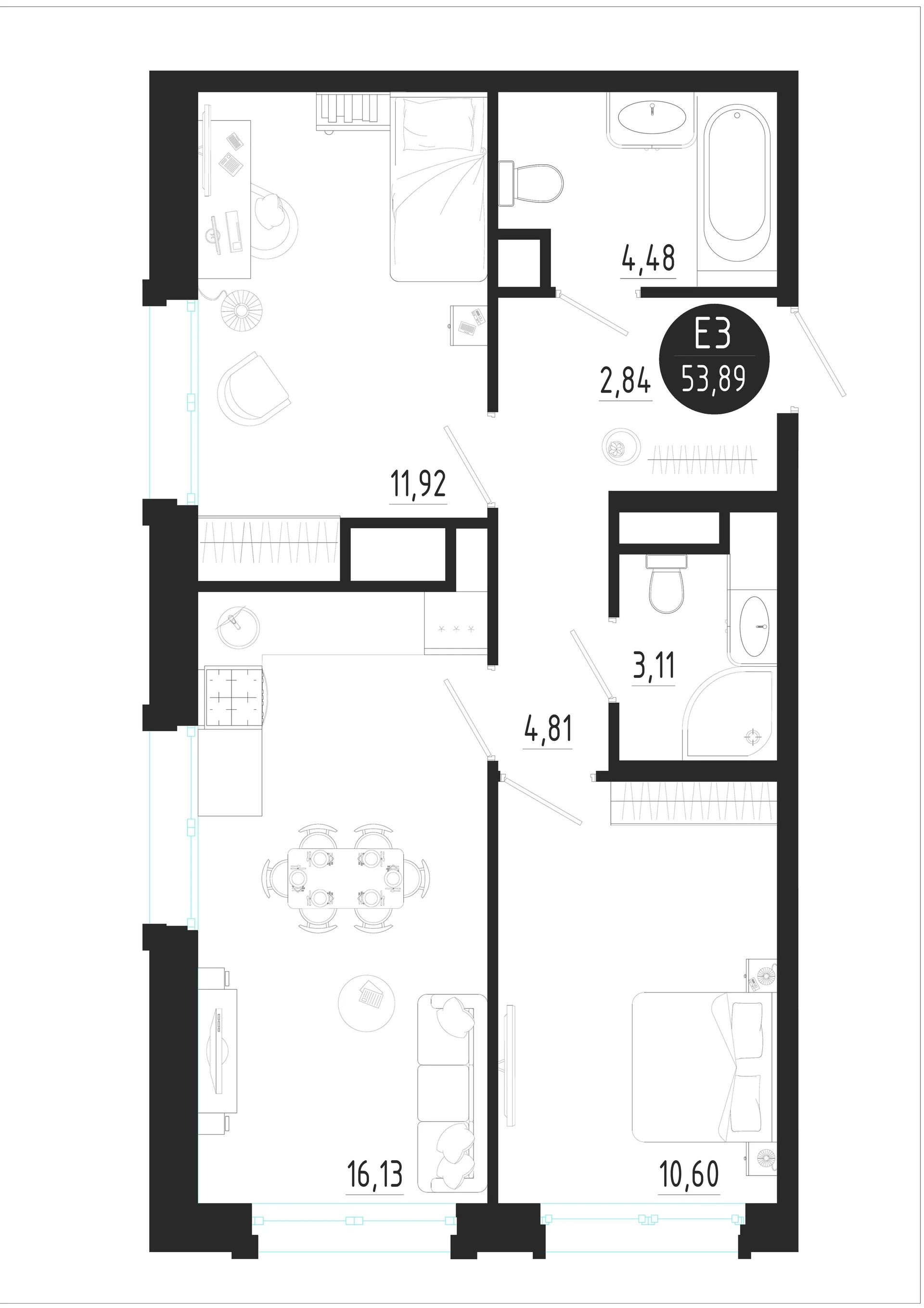 Планировка Квартира с двумя спальнями и гостиной 16 м² (Евро-3)