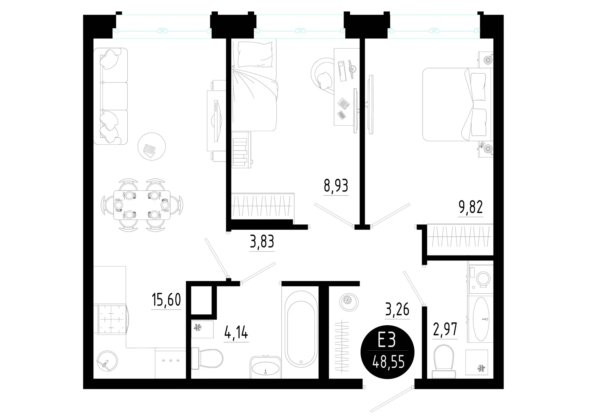Планировка Квартира с двумя спальнями и гостиной 16 м² (Евро-3)