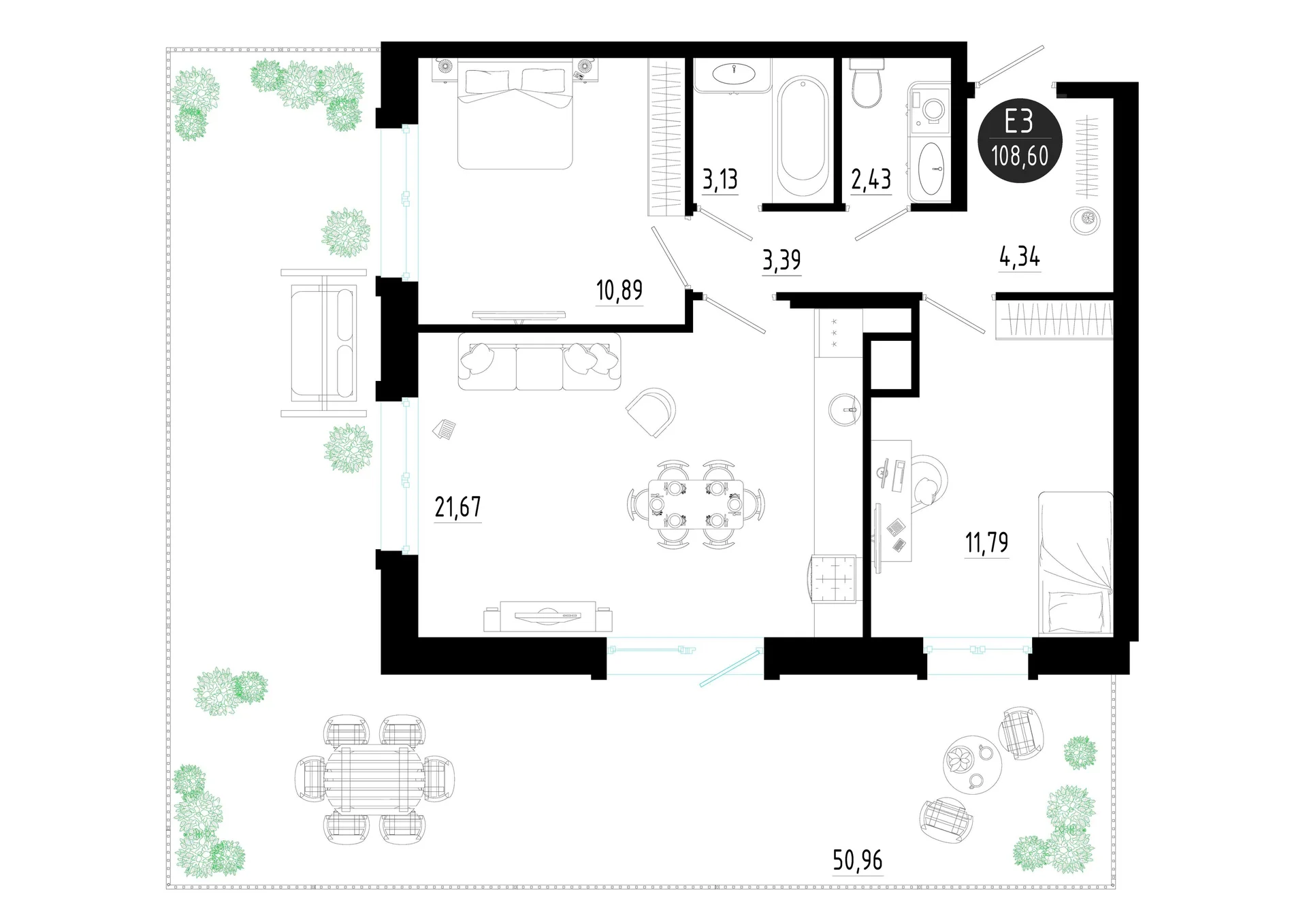 Планировка Квартира с двумя спальнями и гостиной 22 м² (Евро-3)