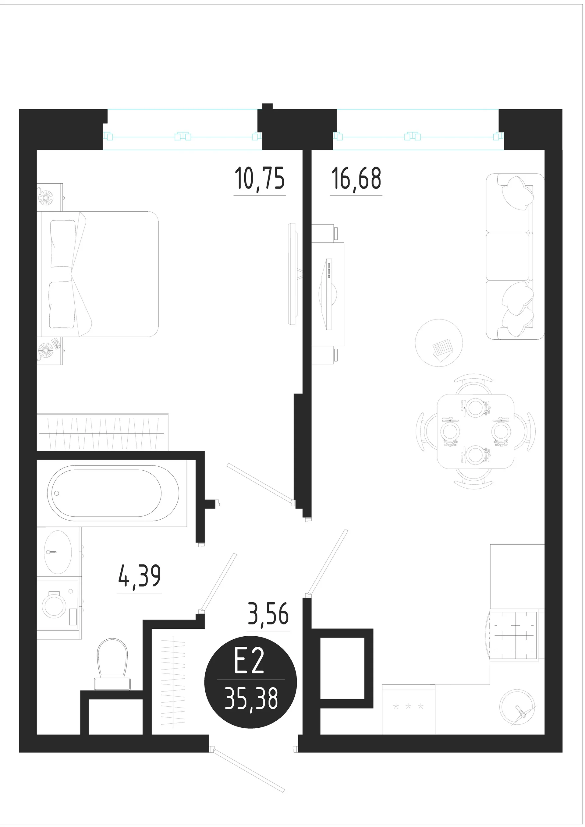 Планировка Квартира с одной спальней и гостиной 17 м² (Евро-2)