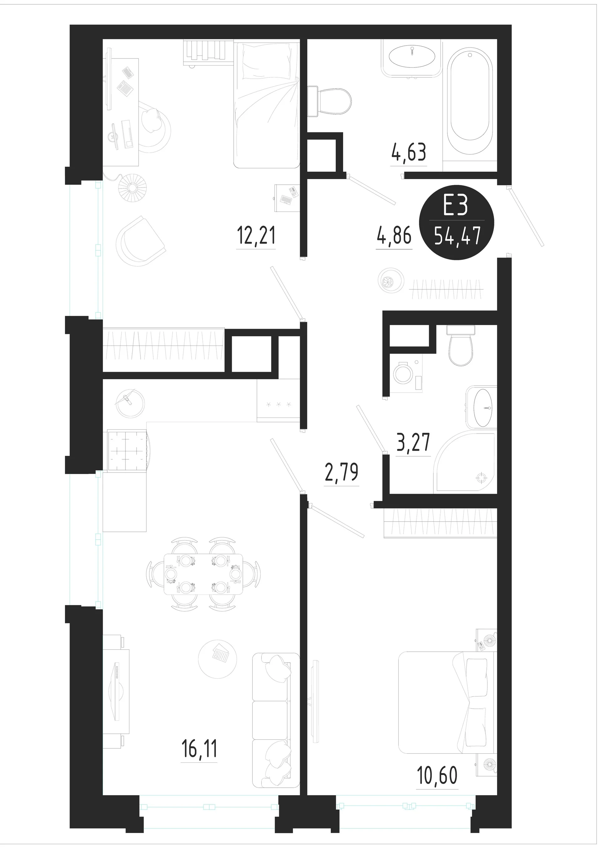 Планировка Квартира с двумя спальнями и гостиной 16 м² (Евро-3)