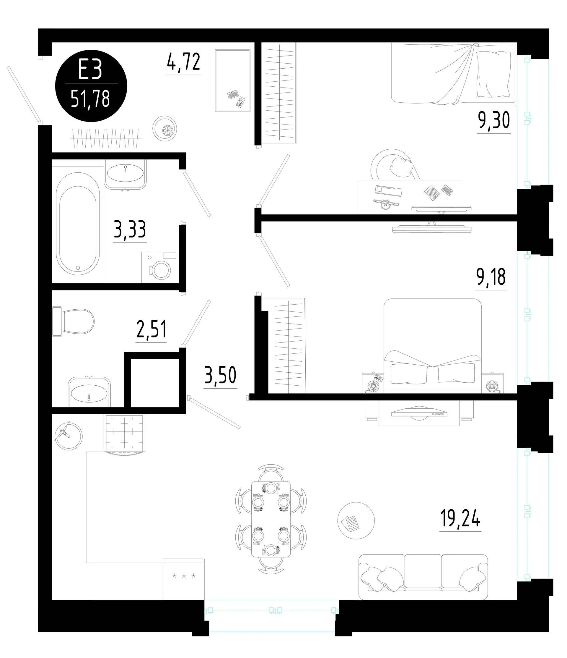 Планировка Квартира с двумя спальнями и гостиной 19 м² (Евро-3)