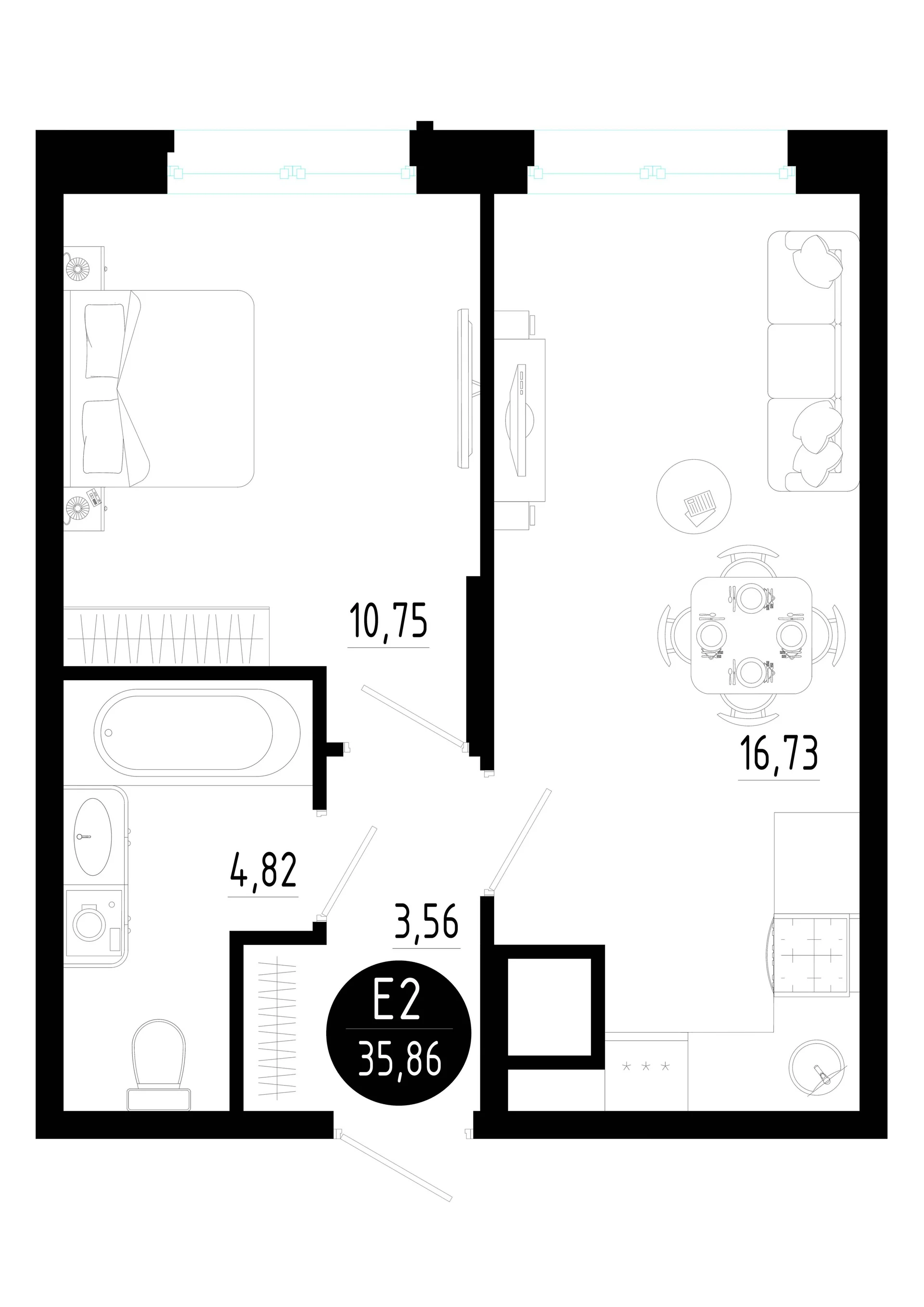 Планировка Квартира с одной спальней и гостиной 17 м² (Евро-2)