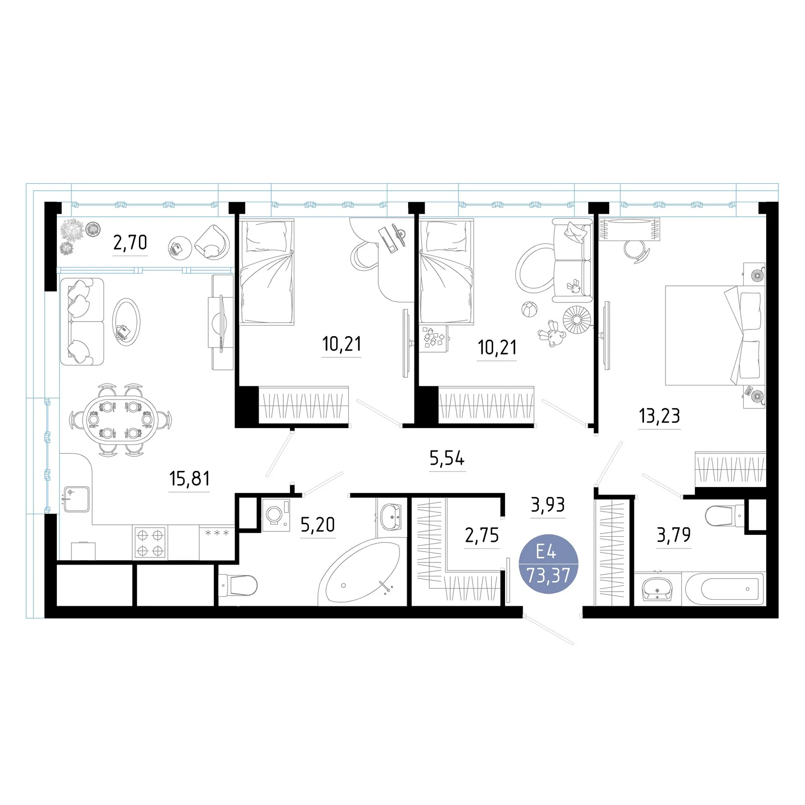 Планировка Квартира с тремя спальнями и гостиной 19 м² (Евро-4)