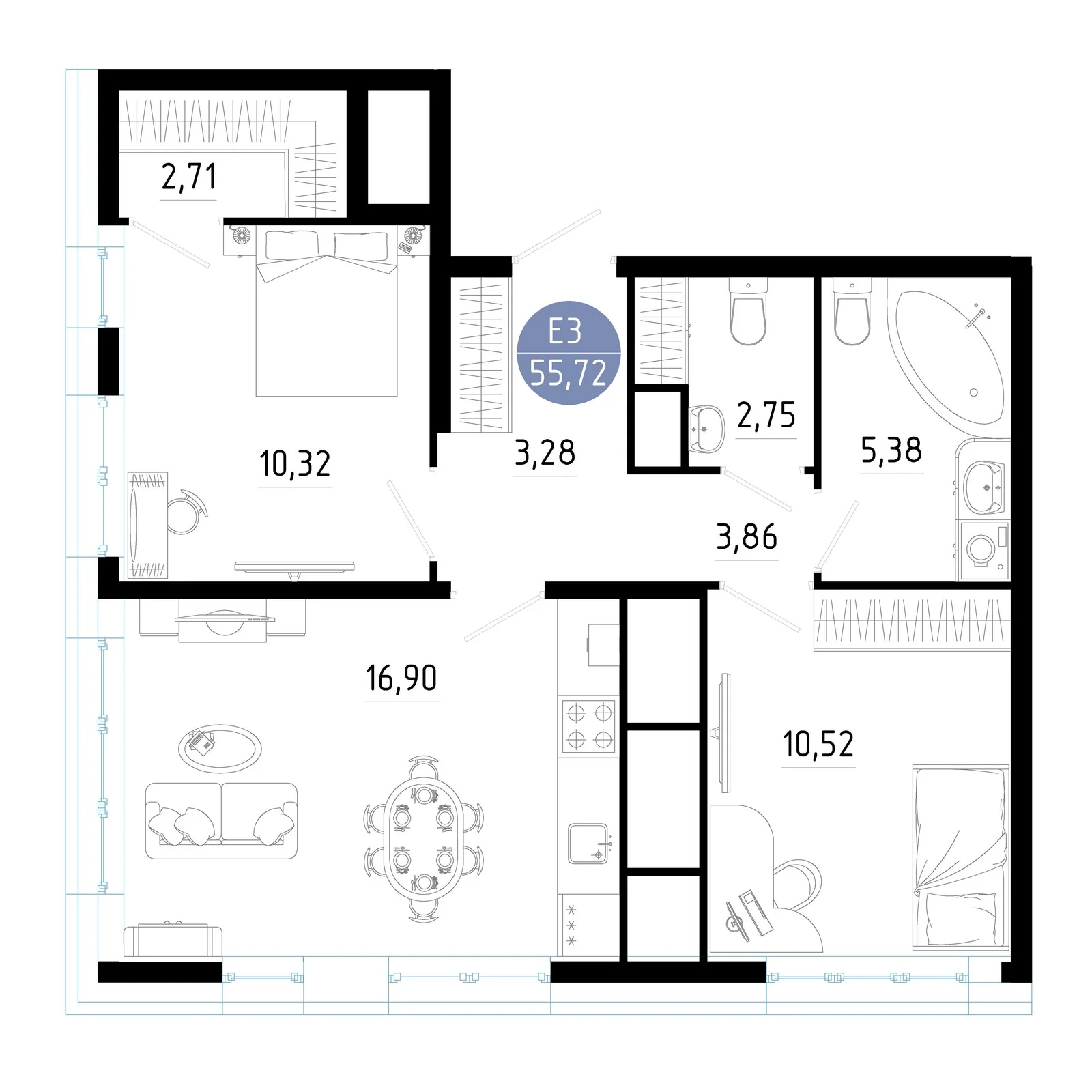 Планировка Квартира с двумя спальнями и гостиной 17 м² (Евро-3)