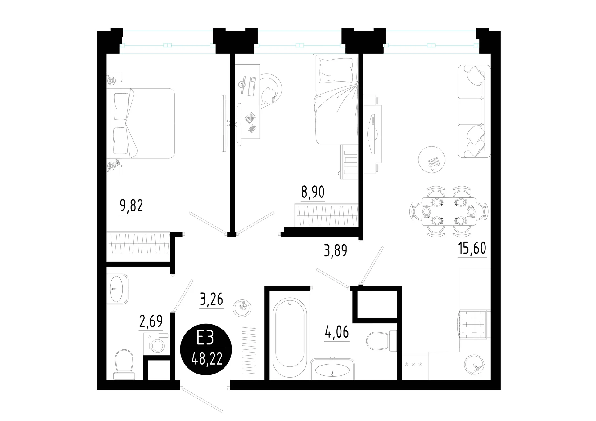 Планировка Квартира с двумя спальнями и гостиной 16 м² (Евро-3)