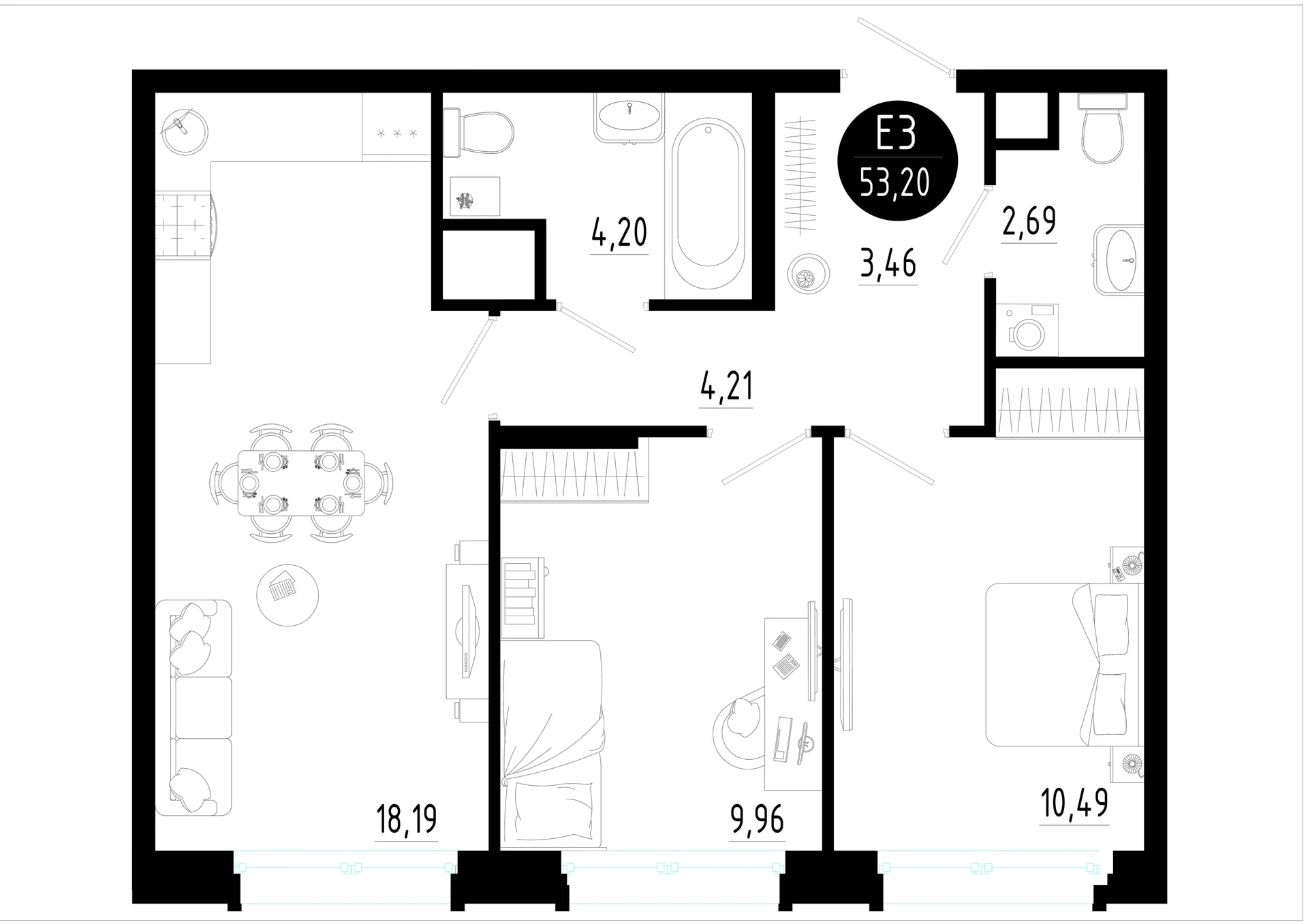 Планировка Квартира с двумя спальнями и гостиной 18 м² (Евро-3)