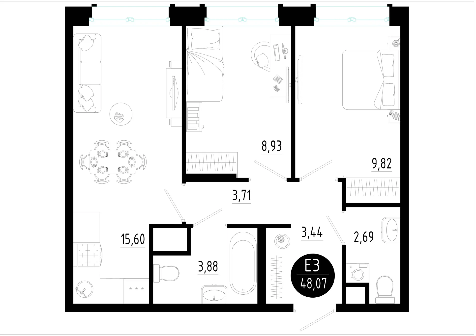 Планировка Квартира с двумя спальнями и гостиной 16 м² (Евро-3)