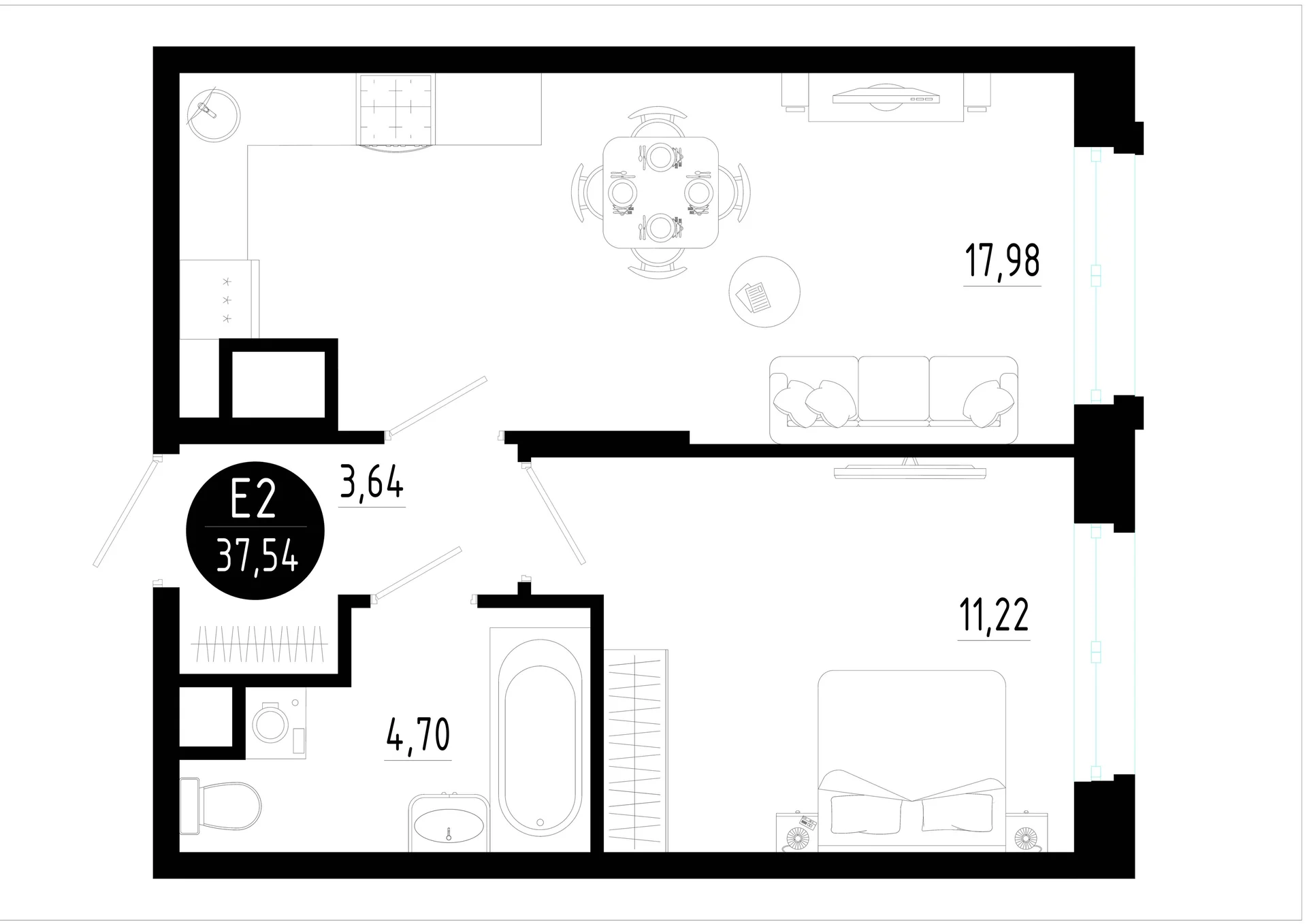 Планировка Квартира с одной спальней и гостиной 18 м² (Евро-2)