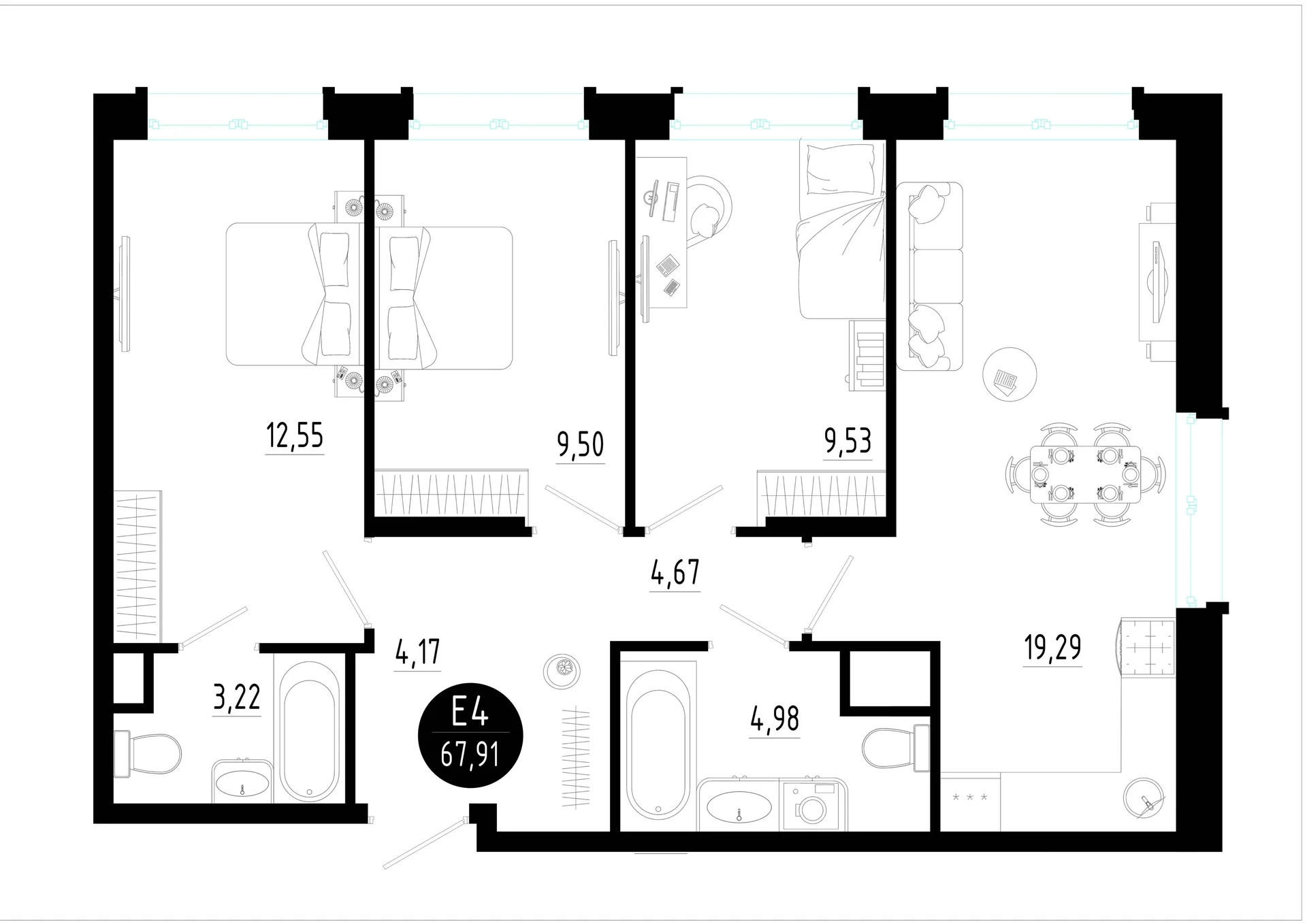 Планировка Квартира с тремя спальнями и гостиной 19 м² (Евро-4)