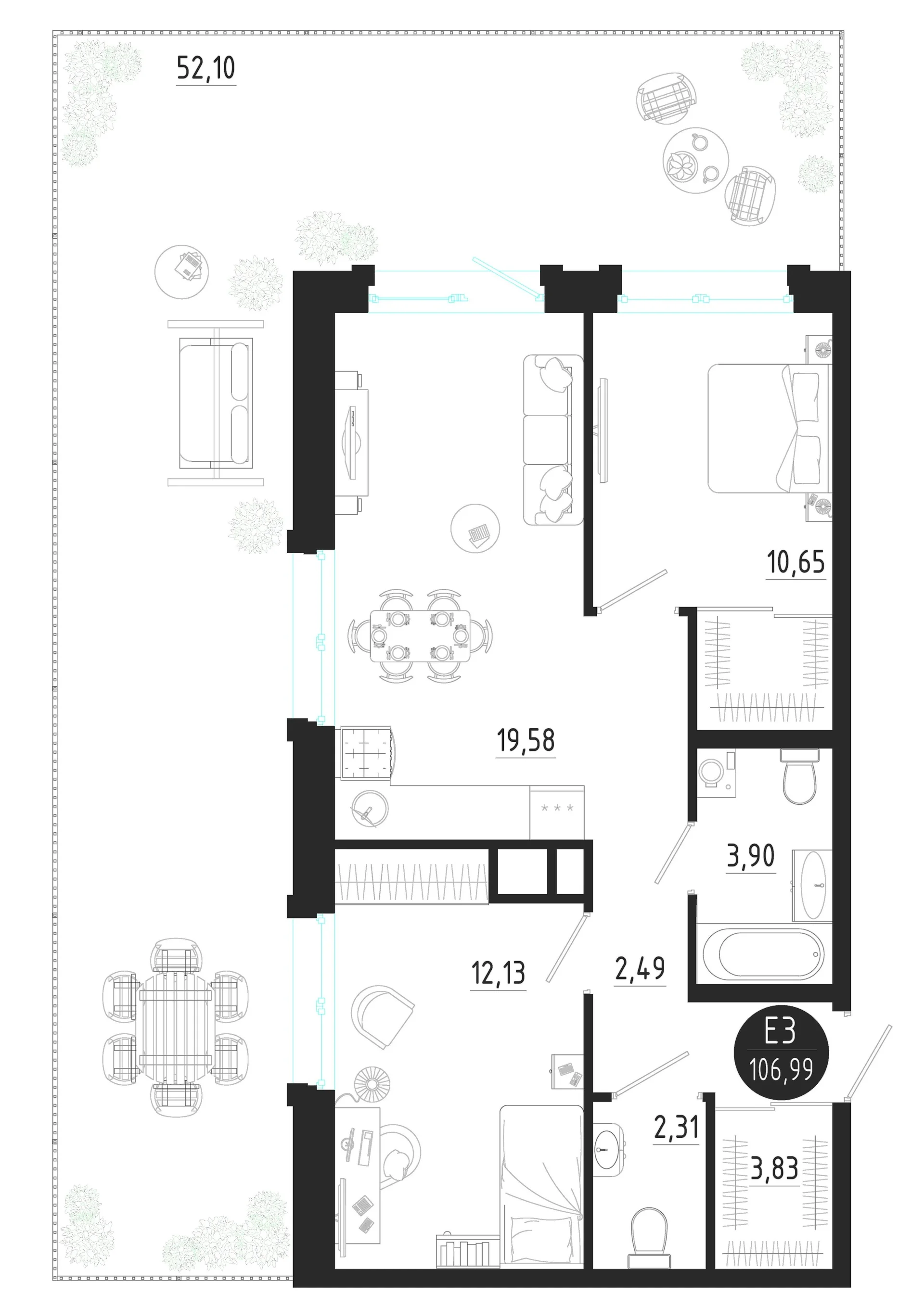 Планировка Квартира с двумя спальнями и гостиной 20 м² (Евро-3)
