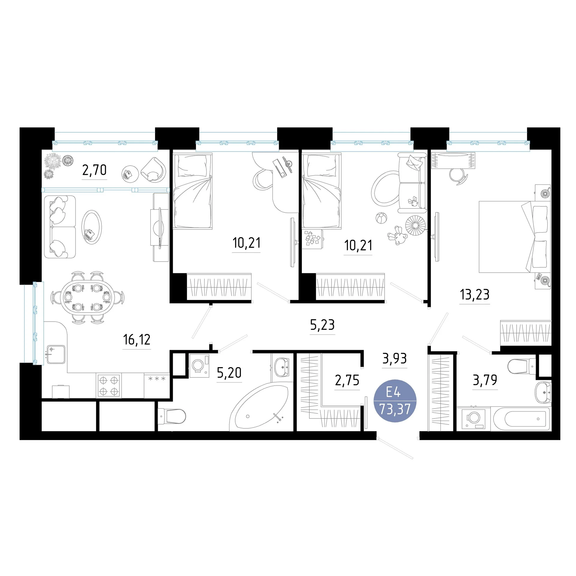 Планировка Квартира с тремя спальнями и гостиной 19 м² (Евро-4)