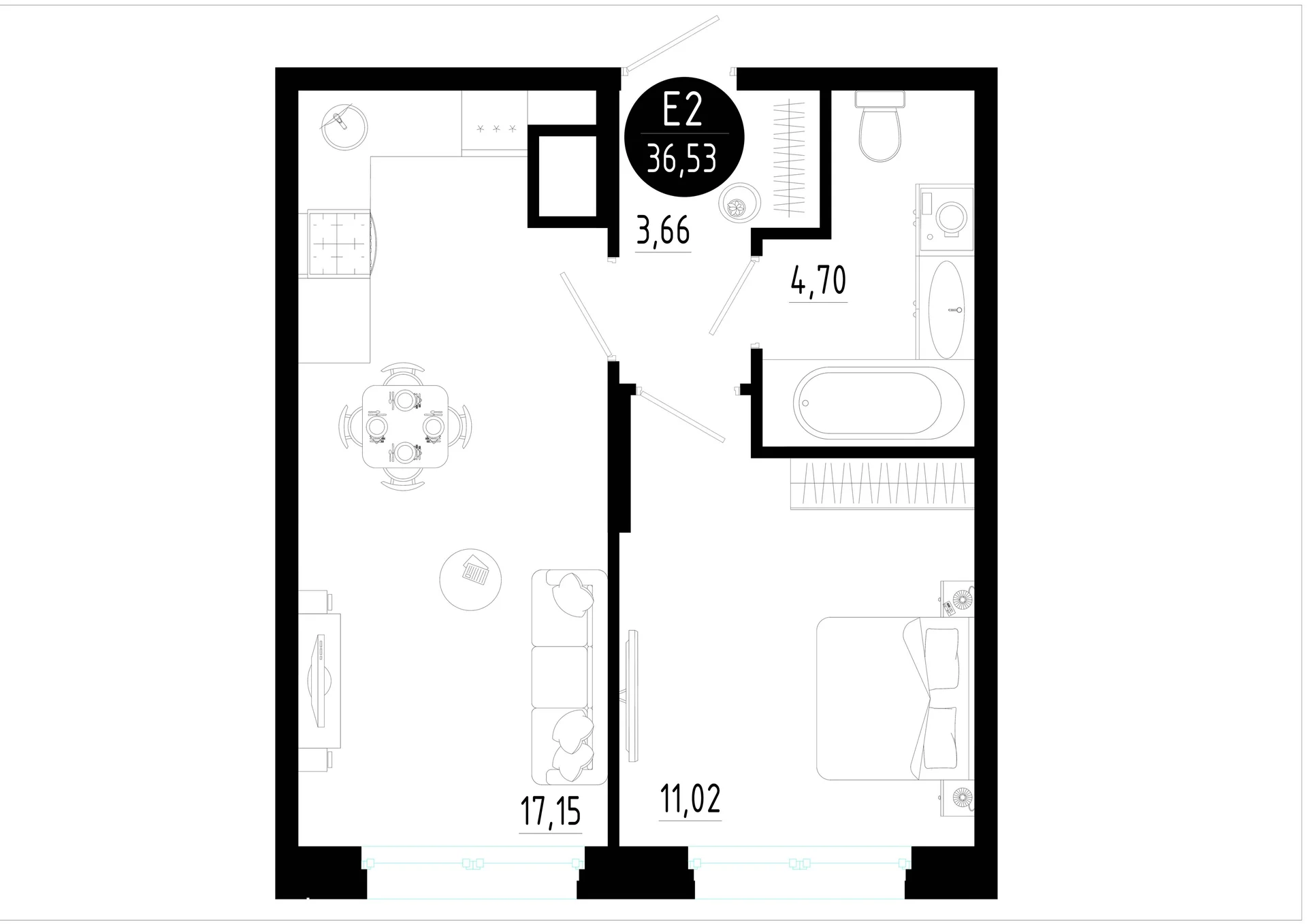 Планировка Квартира с одной спальней и гостиной 17 м² (Евро-2)