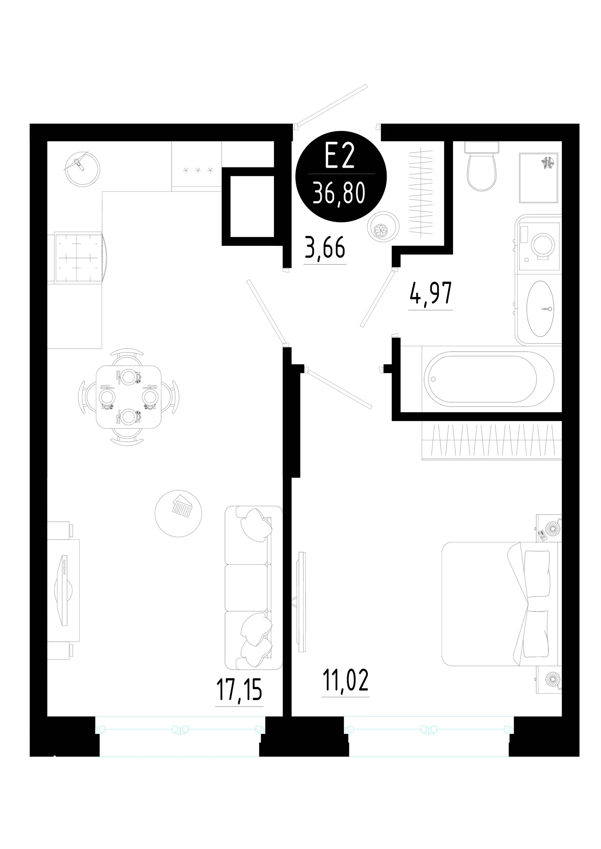 Планировка Квартира с одной спальней и гостиной 17 м² (Евро-2)