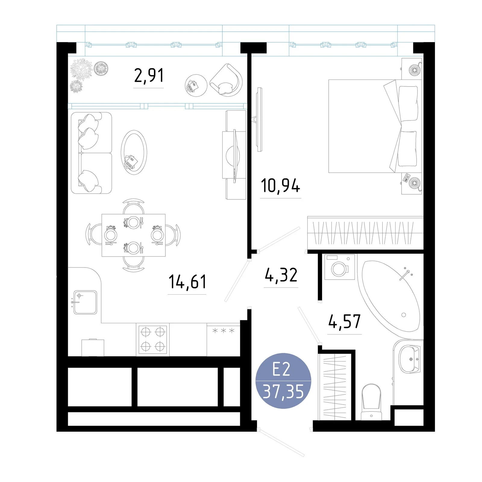 Планировка Квартира с одной спальней и гостиной 18 м² (Евро-2)