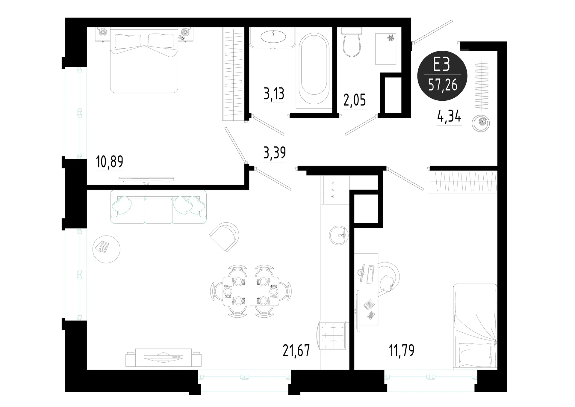 Планировка Квартира с двумя спальнями и гостиной 22 м² (Евро-3)