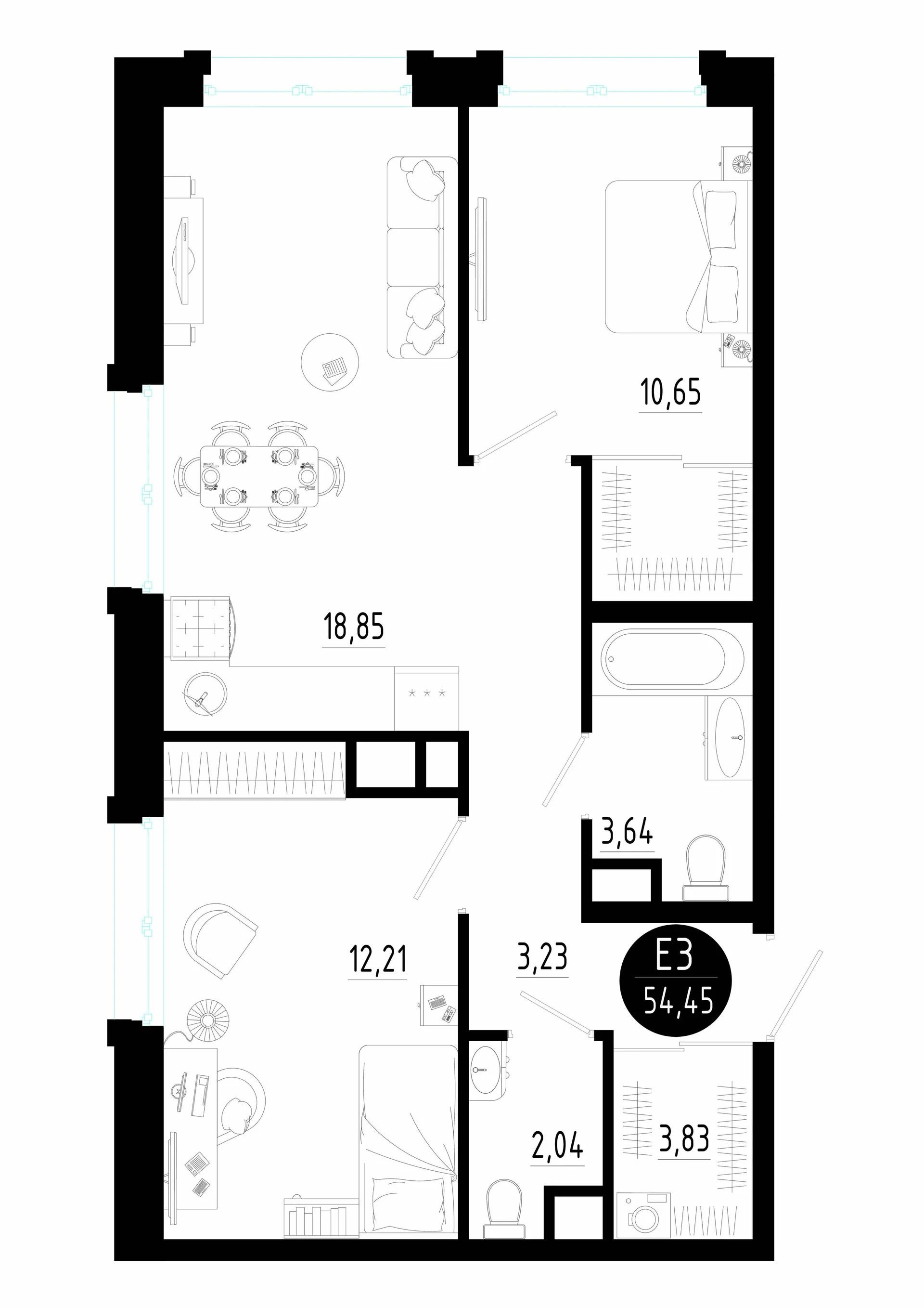 Планировка Квартира с двумя спальнями и гостиной 19 м² (Евро-3)