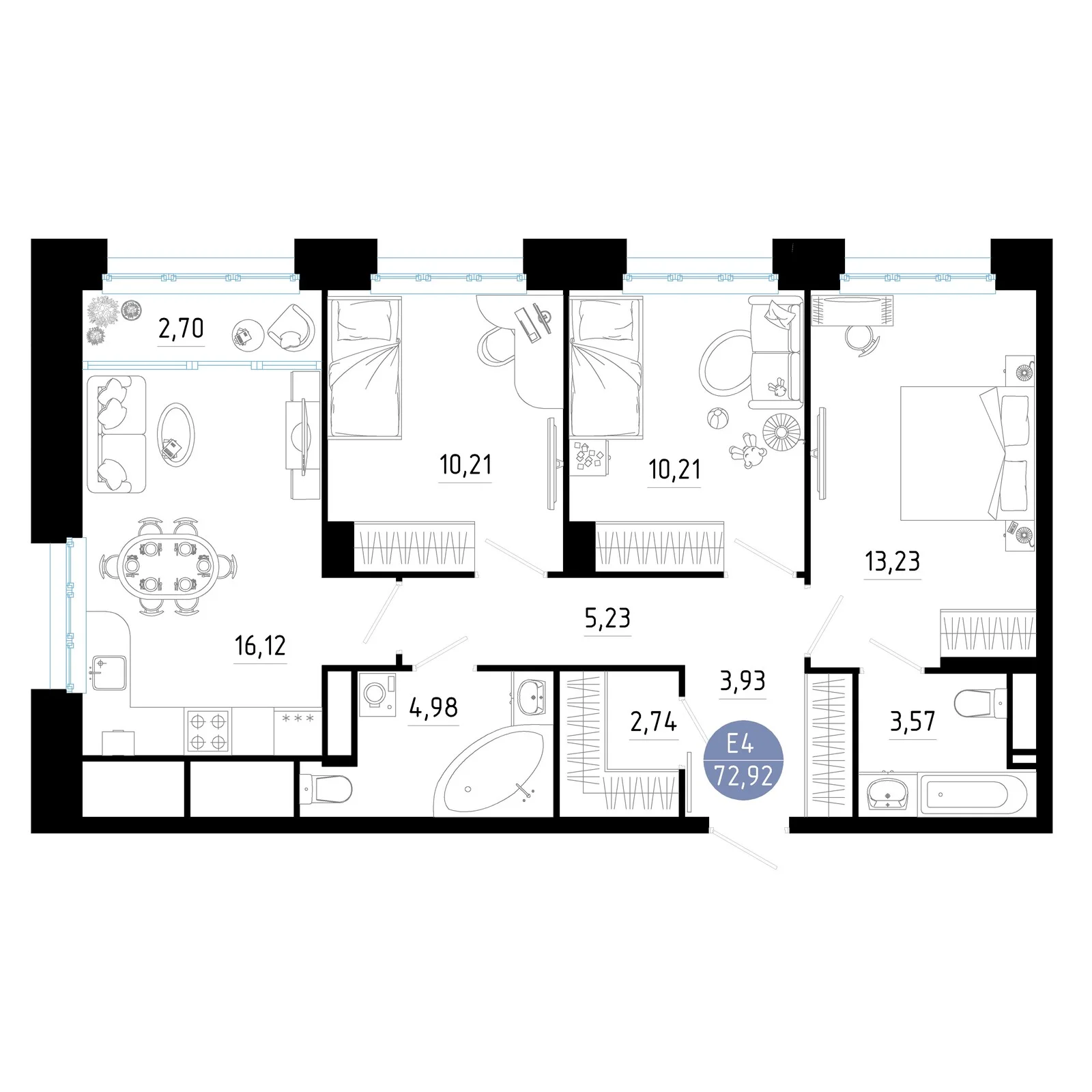 Планировка Квартира с тремя спальнями и гостиной 19 м² (Евро-4)