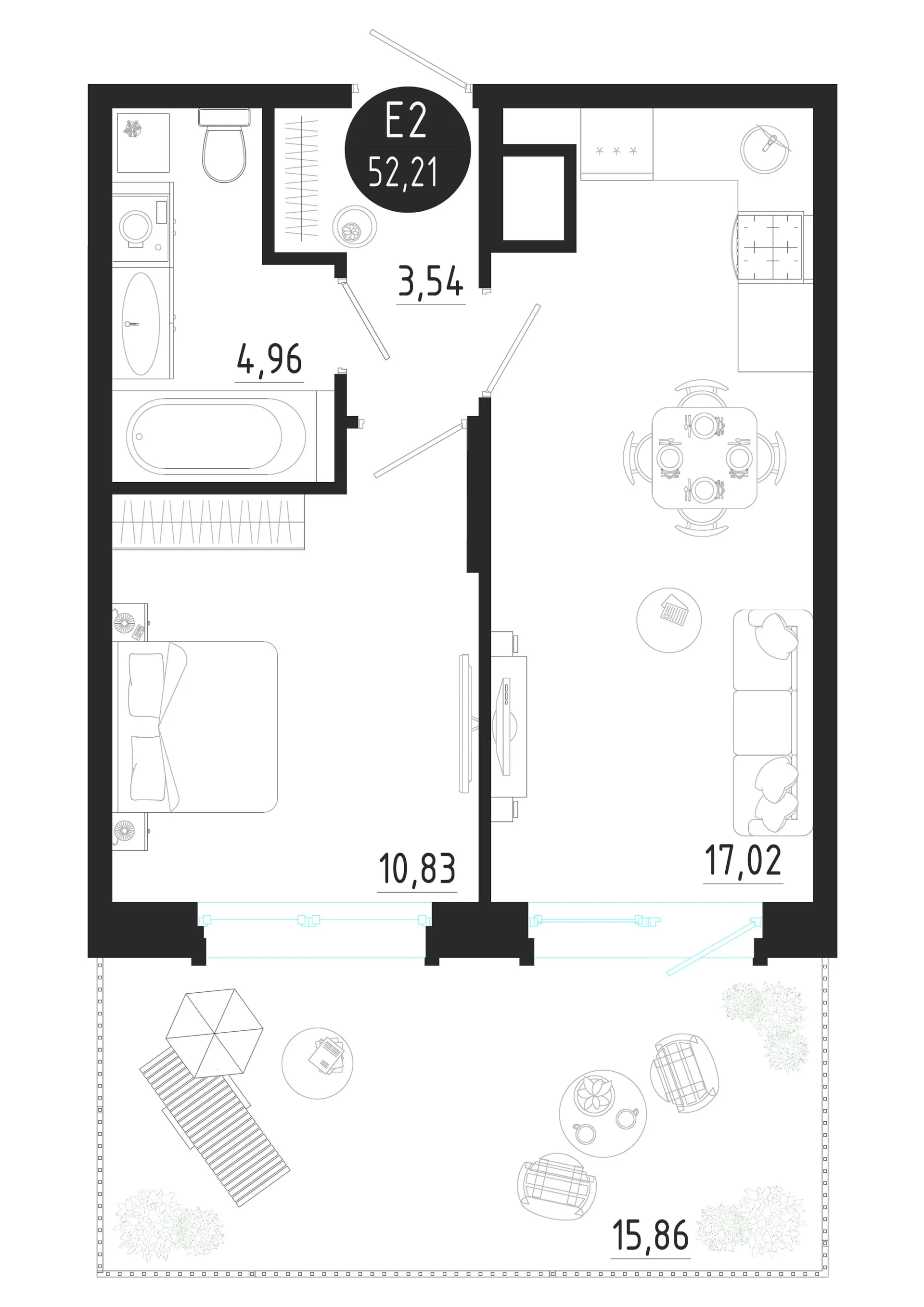 Планировка Квартира с одной спальней и гостиной 17 м² (Евро-2)